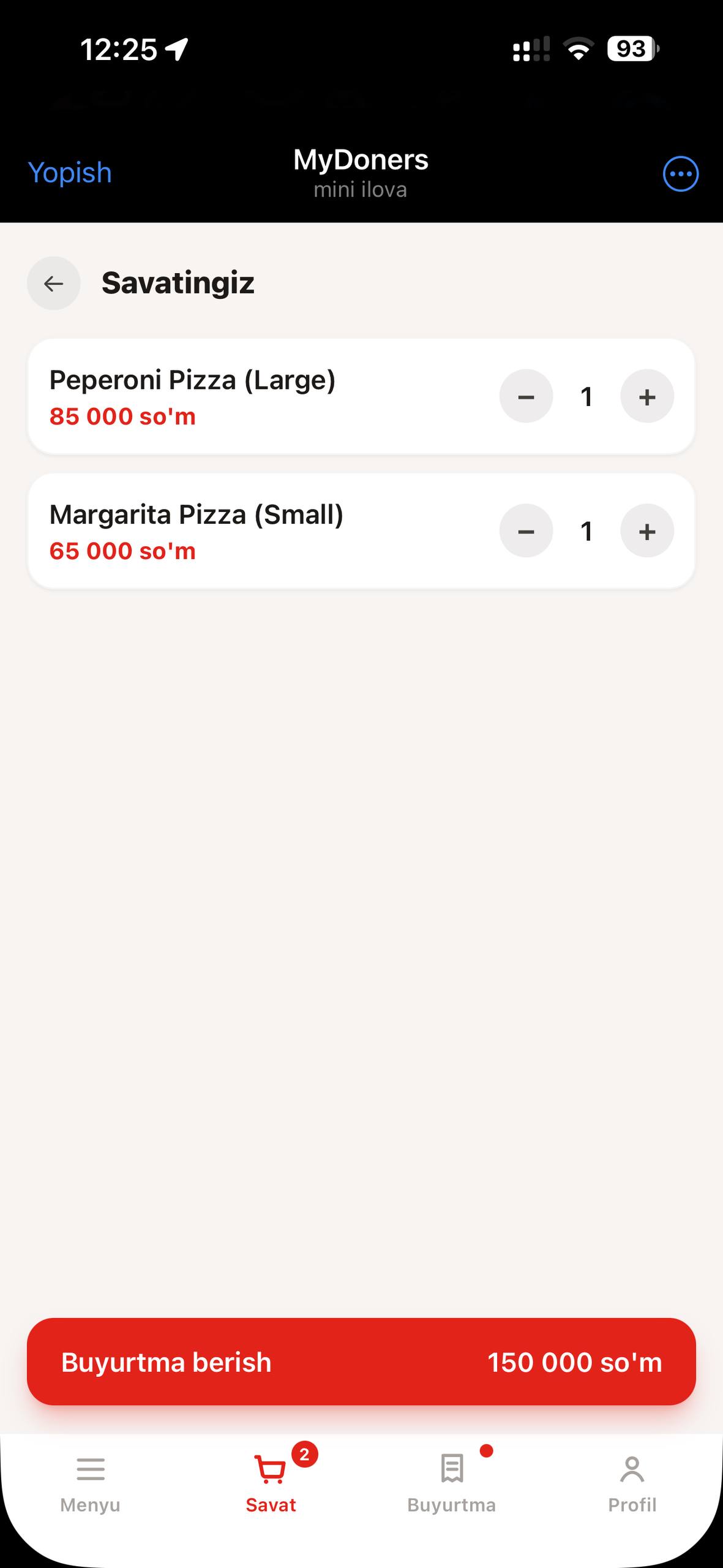 Cart and order total