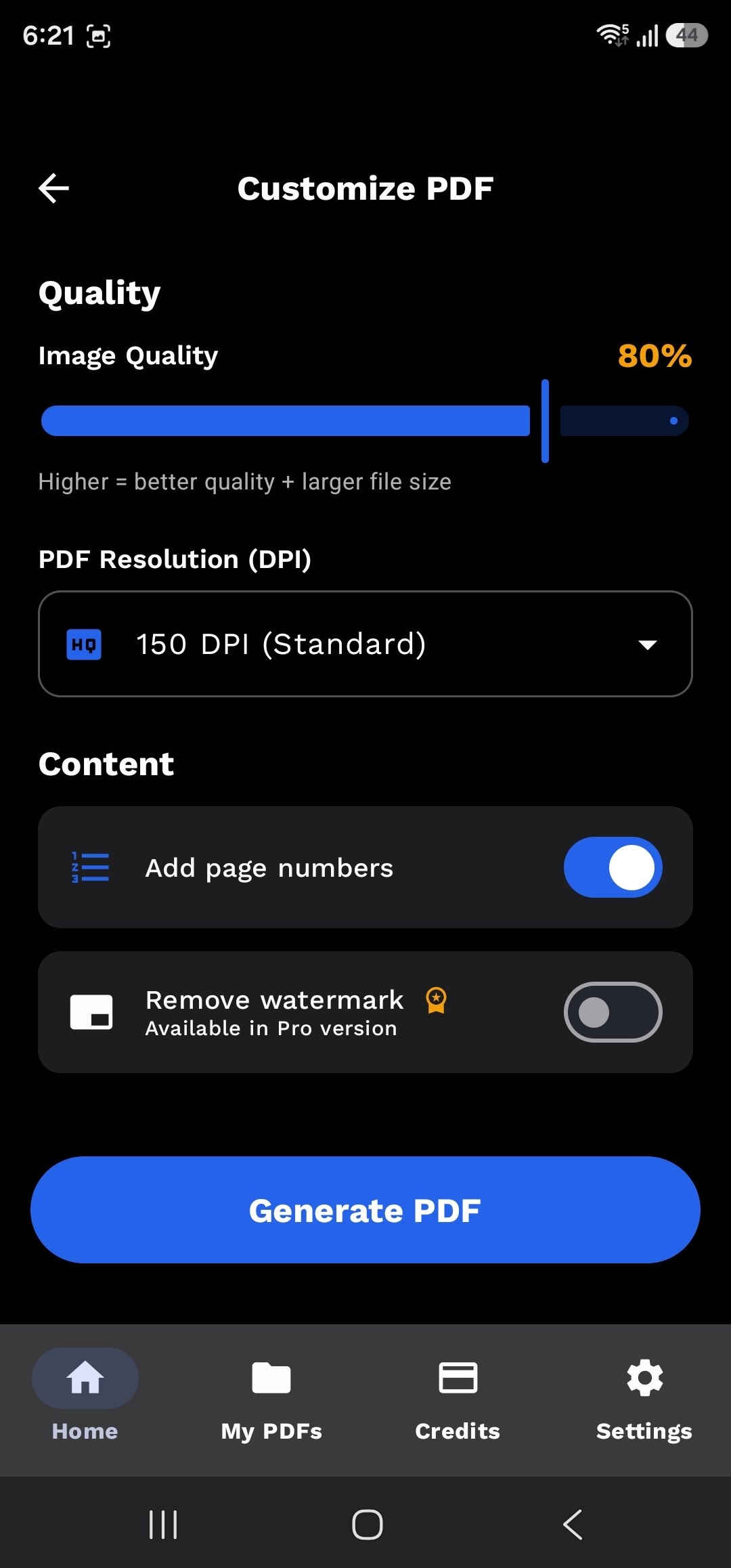 Export quality and page numbering