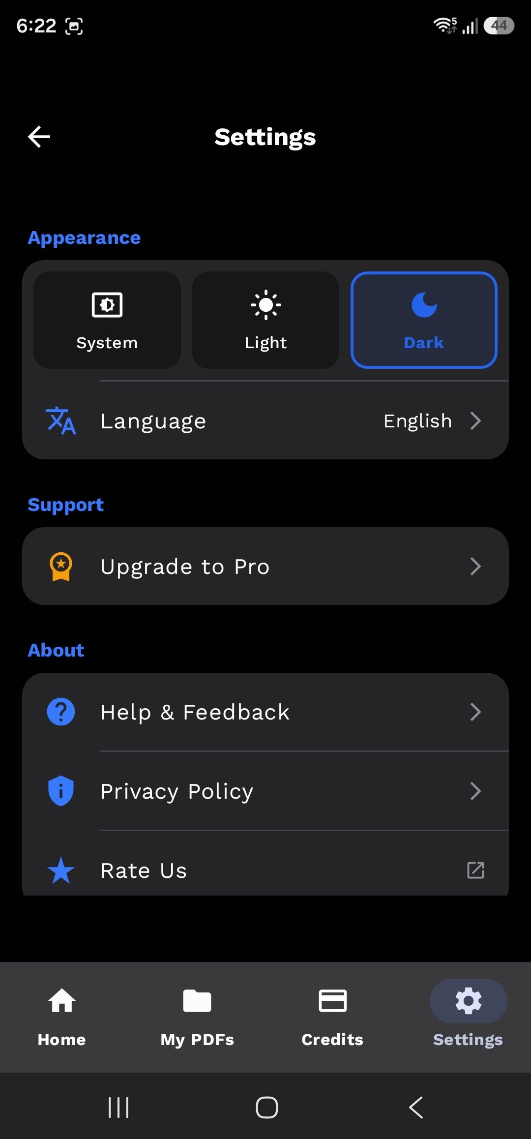 Appearance and language settings